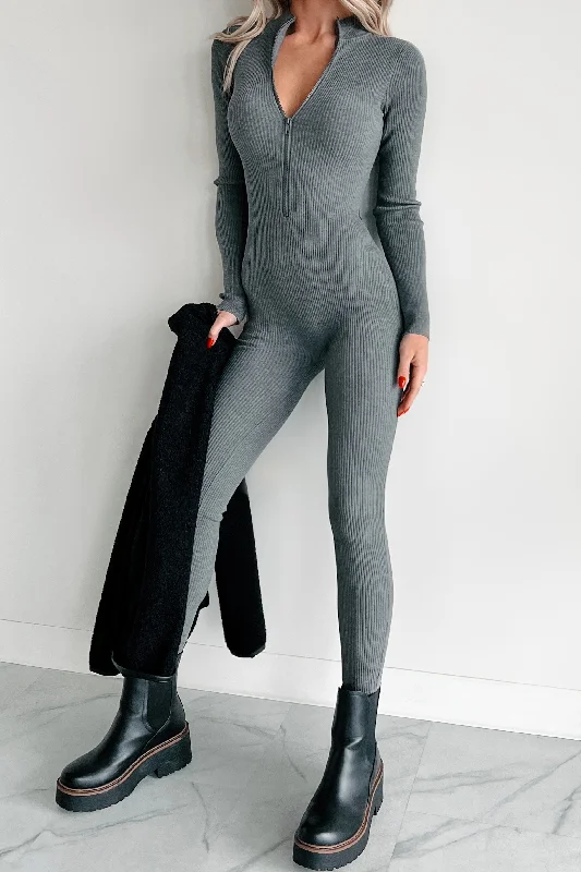 Women's Jumpsuits with U-Shaped CollarLowkey And Loving It Zip Front Ribbed Jumpsuit (Heather Grey)