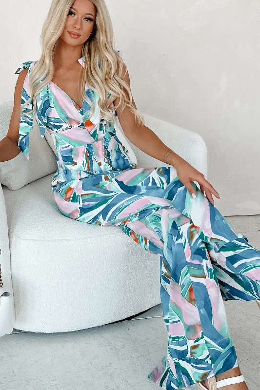 Women's Jumpsuits with Mandarin CollarBeautiful Horizon Printed Tie-Strap Wide Leg Jumpsuit (Blue Multi)