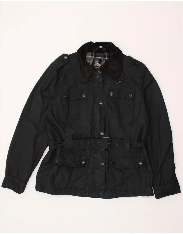 Women's Coats with Fur Trimmed ZipperCRANE Womens Military Jacket UK 14 Medium Black Cotton