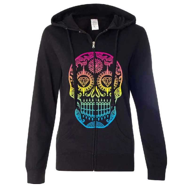 Women's Hooded Sweatshirts with Cozy FabricNeon Diamond Eyes Smiling Sugar Skull Ladies Zip-Up Hoodie