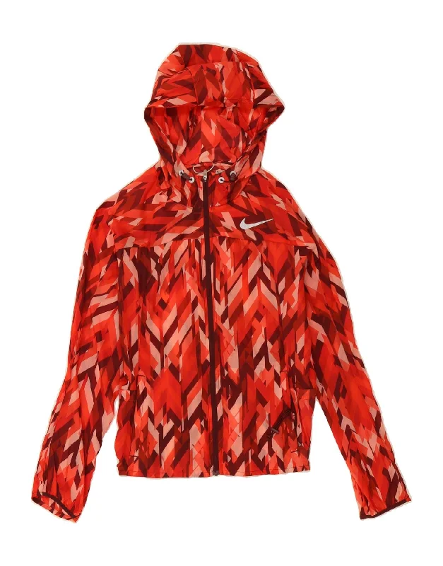 Women's Coats with Fur Trimmed CollarNIKE Womens Hooded Rain Jacket UK 6 XS Red Geometric Nylon