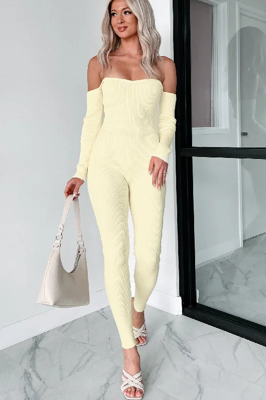 Women's Jumpsuits with Keyhole CollarTelling Secrets Off The Shoulder Ribbed Catsuit (Yellow)