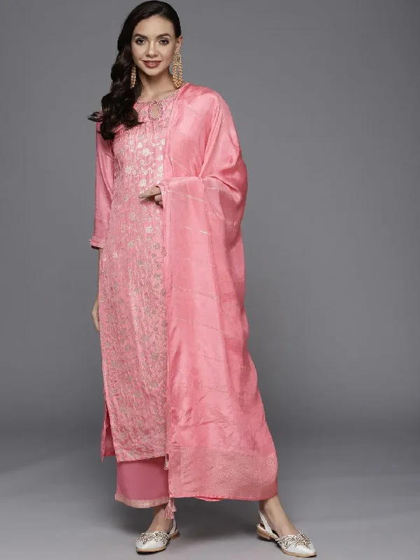 Women's Jumpsuits with Shirt CollarPink Woven Design Silk Blend Straight Kurta With Palazzos & Dupatta