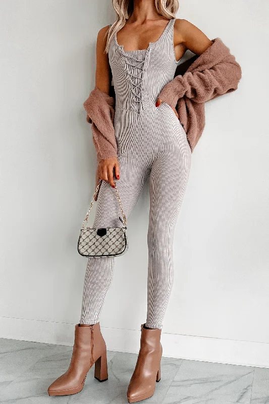 Women's Jumpsuits with Wide CollarSavor The Simple Things Ribbed Vintage Wash Catsuit (Grey)