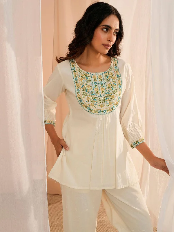 Women's Jumpsuits with Narrow CollarOff White Yoke Design Cotton Straight Kurti