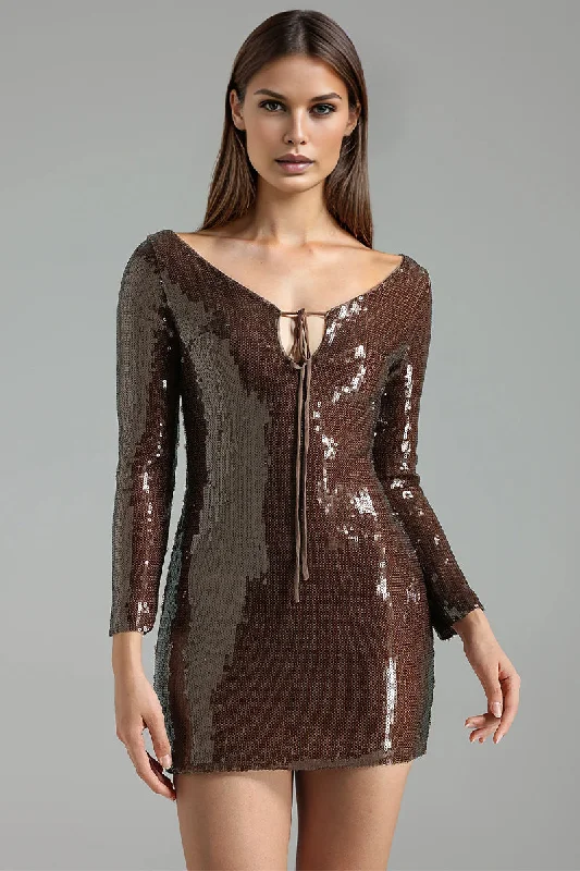 Women's Round-Neck DressesSultry Evening Long Sleeve Sequin Mini Dress