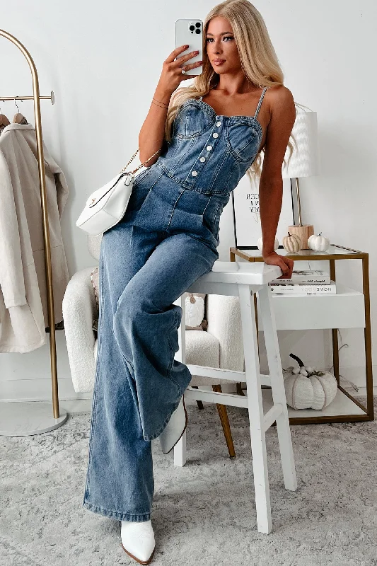 Women's Jumpsuits with U-Shaped CollarSavvy Style Denim Sweetheart Jumpsuit (Medium Wash)