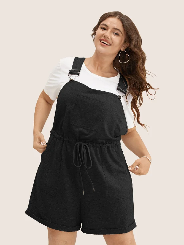 Women's Jumpsuits with CollarSolid Pocket Drawstring Overall Romper