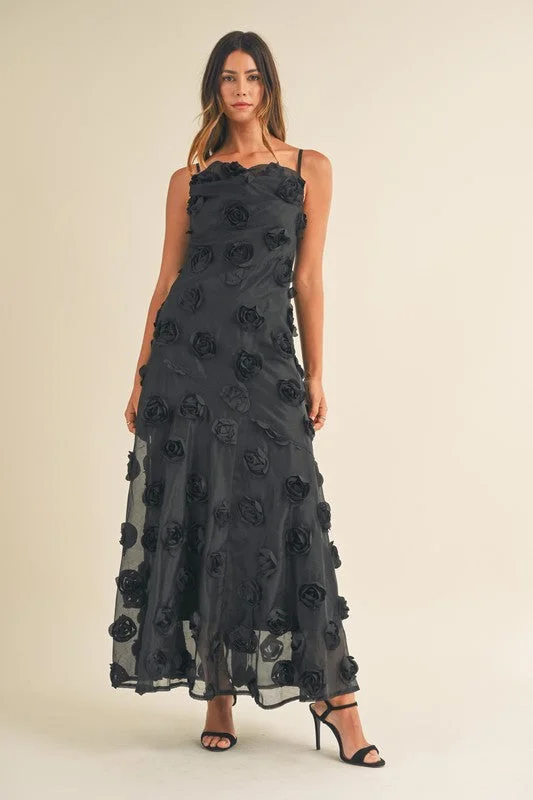 Women's Halter DressesFloral Splendor Black Maxi Dress