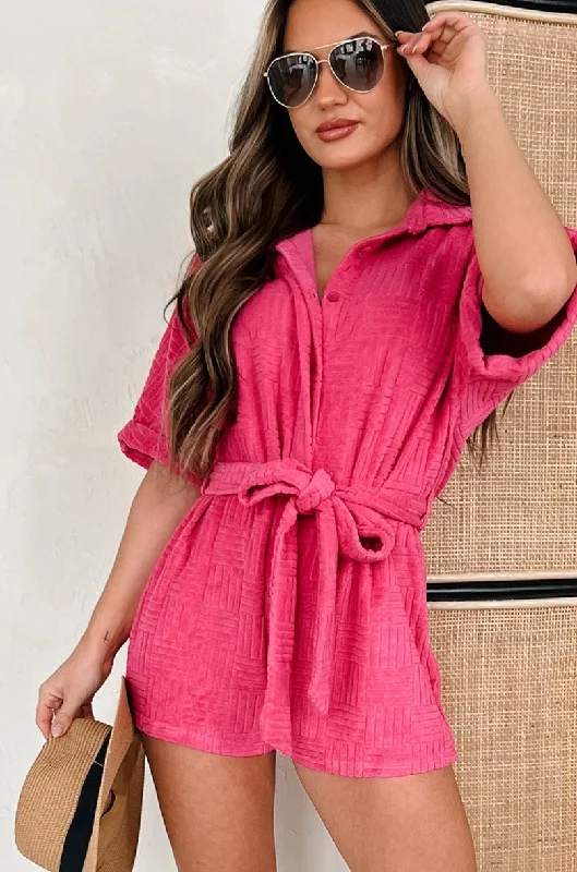 Women's Jumpsuits with Lapel CollarPraying For Sunshine Belted Terry Cloth Romper (Hot Pink)