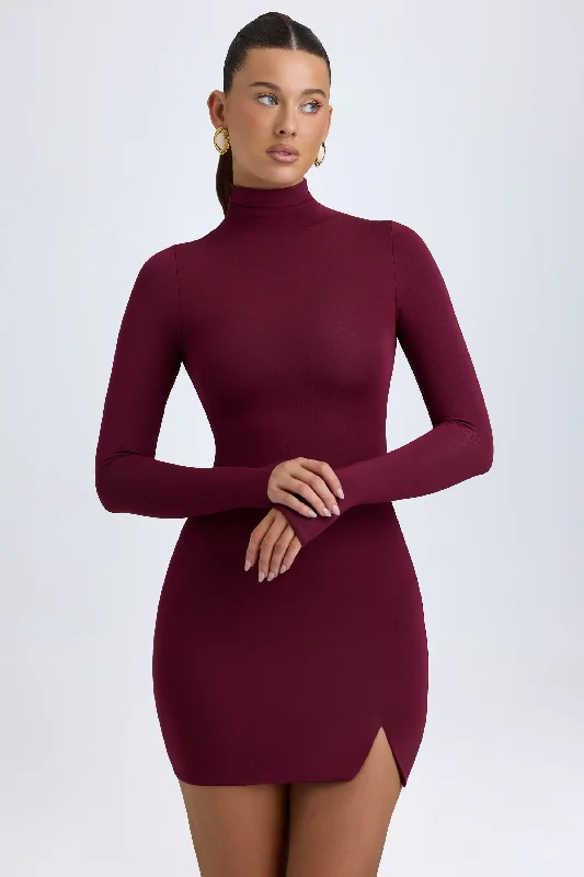 Women's Sweetheart Collar DressesModal Turtleneck Mini Dress in Wine Red