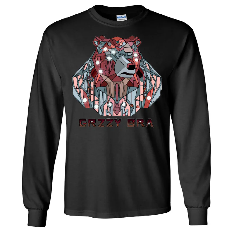 Women's Hooded Sweatshirts with Tapered WaistStained Glass Cyborg Grizzly Bear GRZZY BRA Long Sleeve Shirt