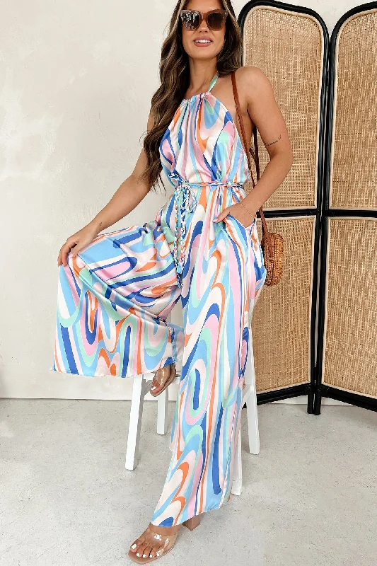 Women's Jumpsuits with Wide LegLiving Vibrantly Braided Belt Halter Jumpsuit (Blue, Pink, Tangerine)