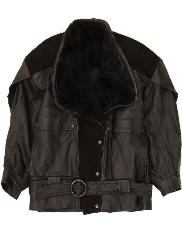 Women's Coats with Fur Trimmed PocketsVINTAGE Womens Leather Jacket IT 42 Medium Black