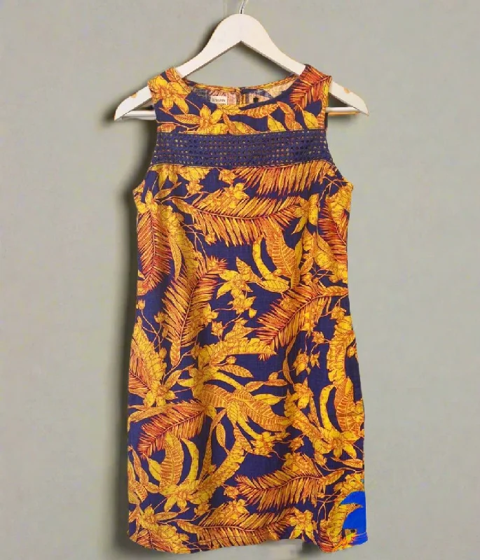 Women's Off-Shoulder DressesBlue & Yellow Leaf Print Linen Blend Dress 6