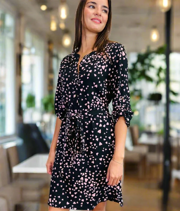 Women's Square Collar DressesPink Heart Print Belted Shirt Dress