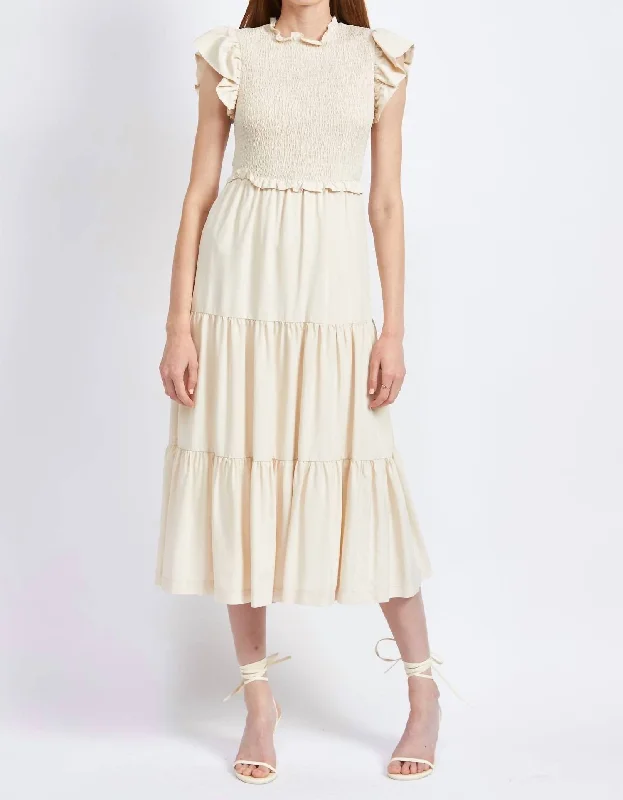 Women's Collarless DressesDenisse Smocked Midi Dress In Cream