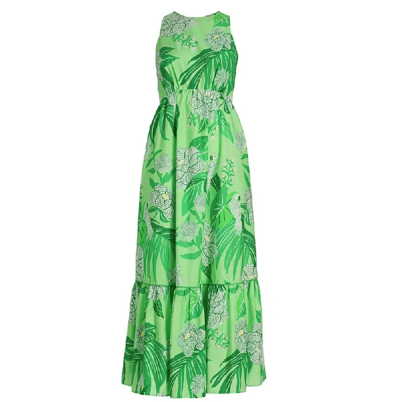 Women's Keyhole Collar DressesFarm Rio Women Dewdrop Floral Green Sleeveless Cotton Midi Dress