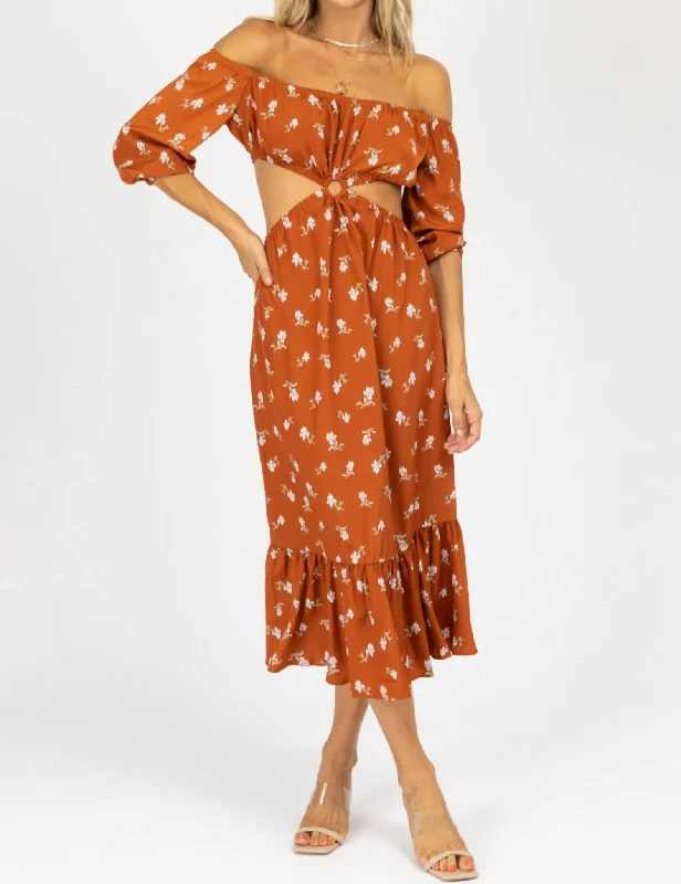 Women's Long-Sleeve DressesFloral O-Ring Midi Dress In Rust