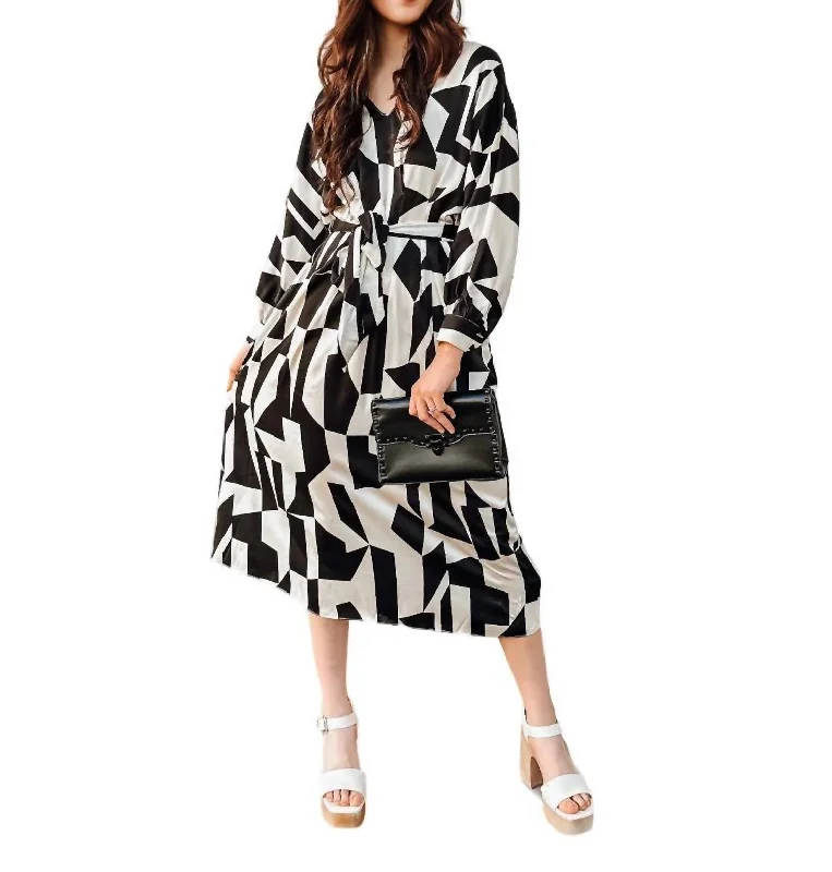 Women's Wide Collar DressesGeometric Print Satin Midi Dress In Black/white