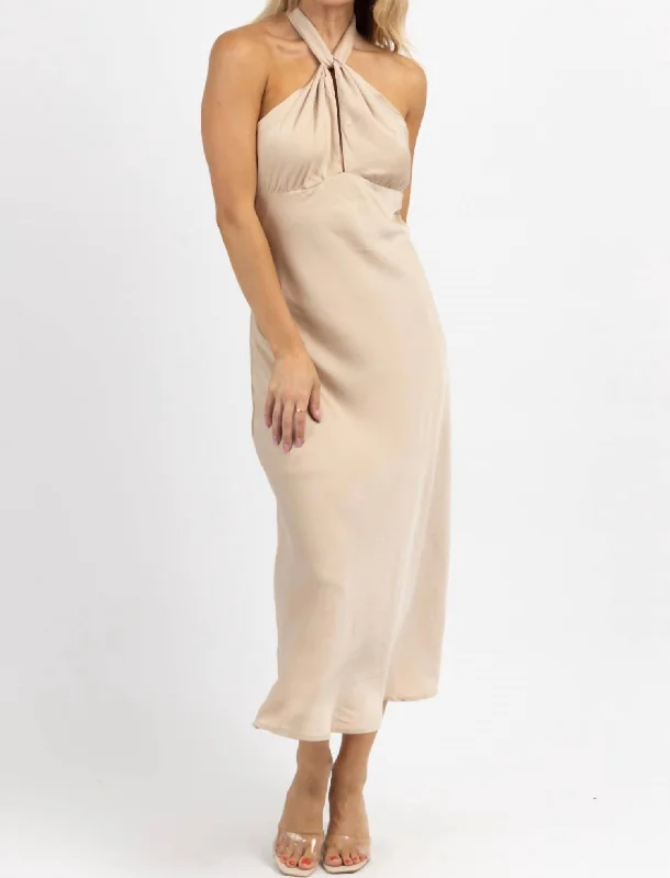 Women's Mandarin Collar DressesHalter Tie Satin Midi Dress In Champagne