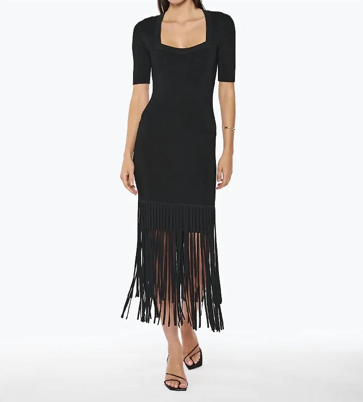 Women's High Collar DressesJosephina Fringe Midi Dress In Black