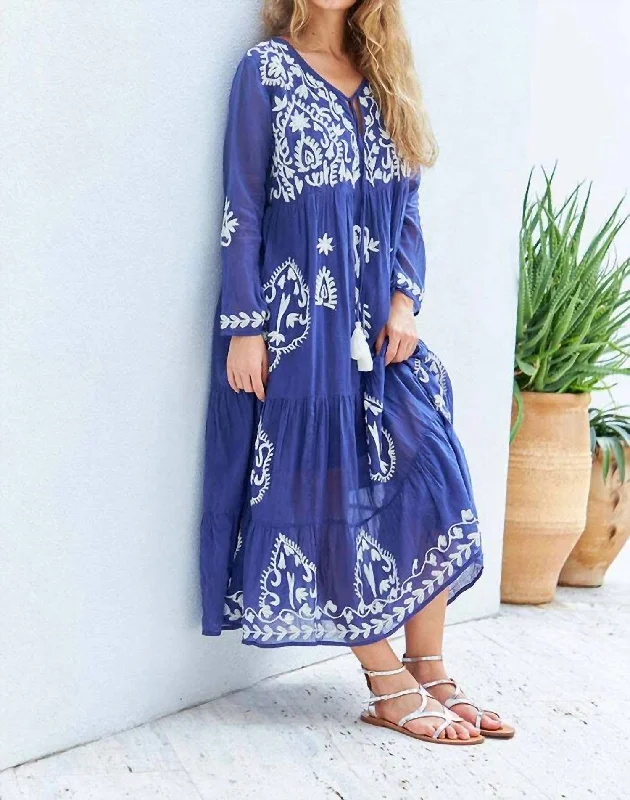 Women's Shawl Collar DressesKiana Embroidered Midi Dress In Blue