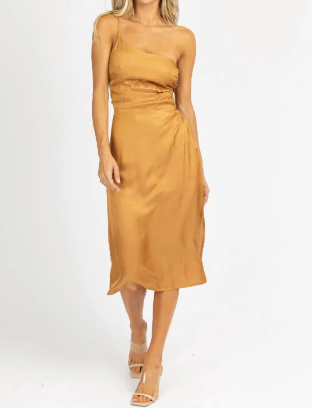 Women's Wide Collar DressesO-Ring Satin One Shoulder Midi Dress In Caramel