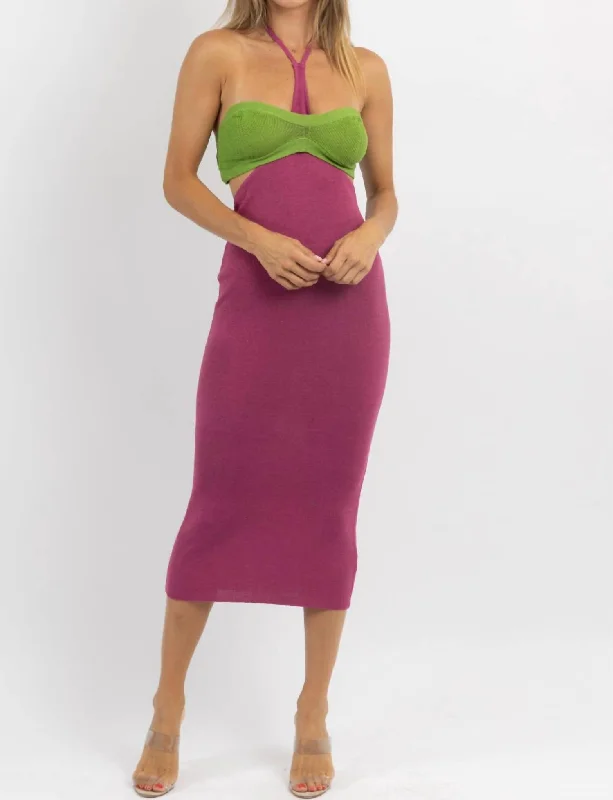 Women's U-Back DressesOsaka Halter Neck Midi Dress In Purple & Green