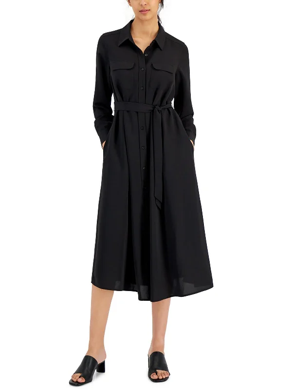 Women's Low Collar DressesPetites Womens Collar Midi Shirtdress