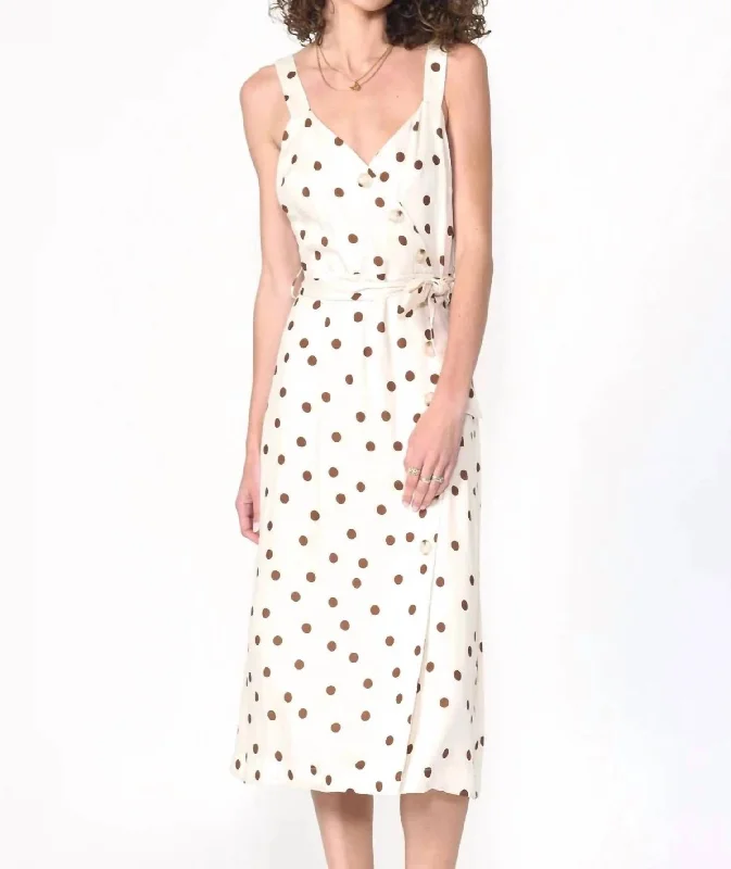 Women's Boat Collar DressesRhea Polkadot Button Front Midi In Cream/brown