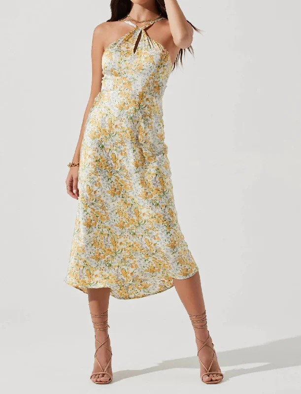 Women's Notched Collar DressesSandrine Floral Halter Midi Dress In Cream Yellow Floral