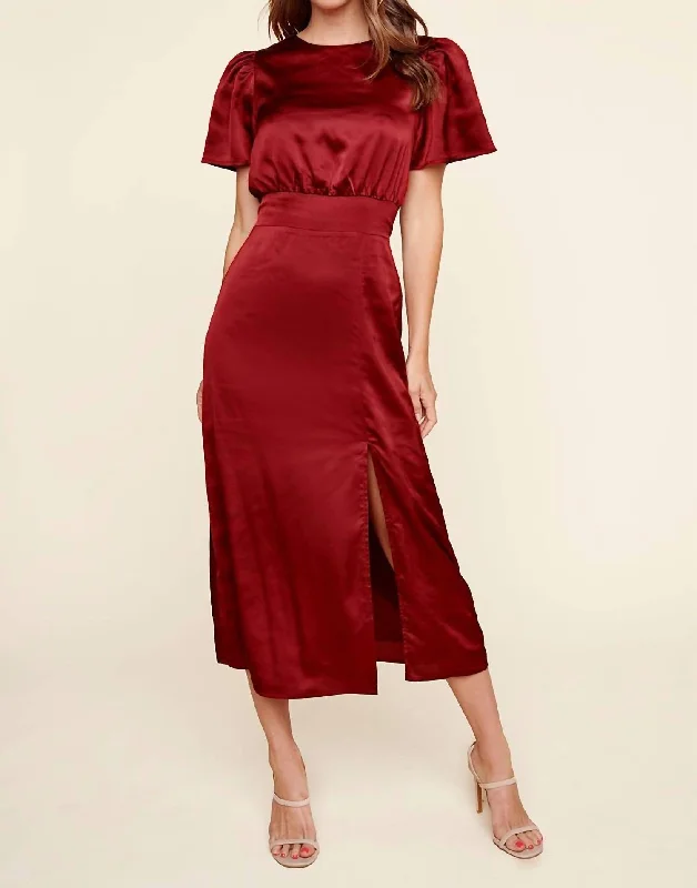 Women's Short-Sleeve DressesSatin Midi Dress In Burgundy