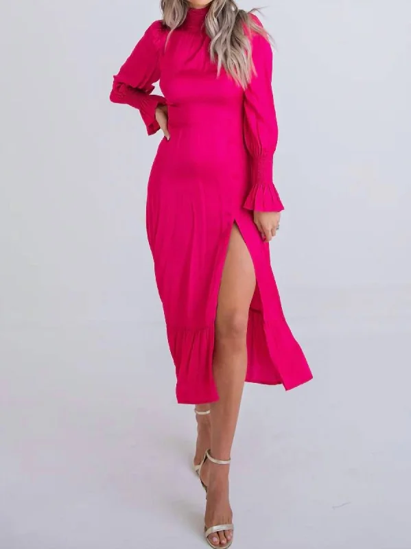 Women's Narrow Collar DressesSmock Neck Midi Dress In Magenta