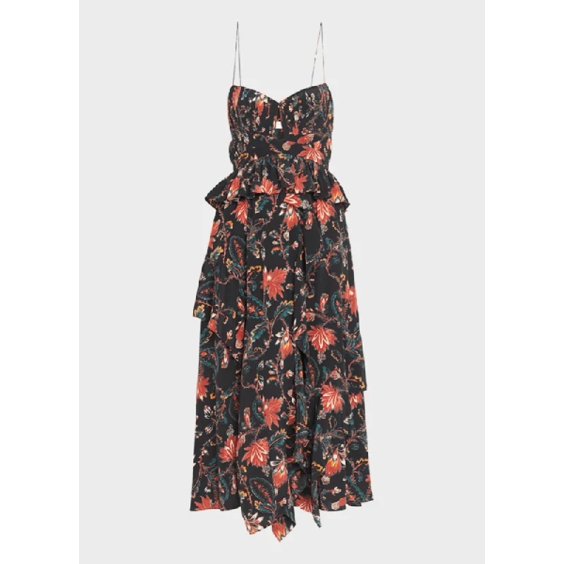 Women's Shirt Collar DressesUlla Johnson Women's Renata Dress, Obsidian, Floral, Black Ruffled Midi