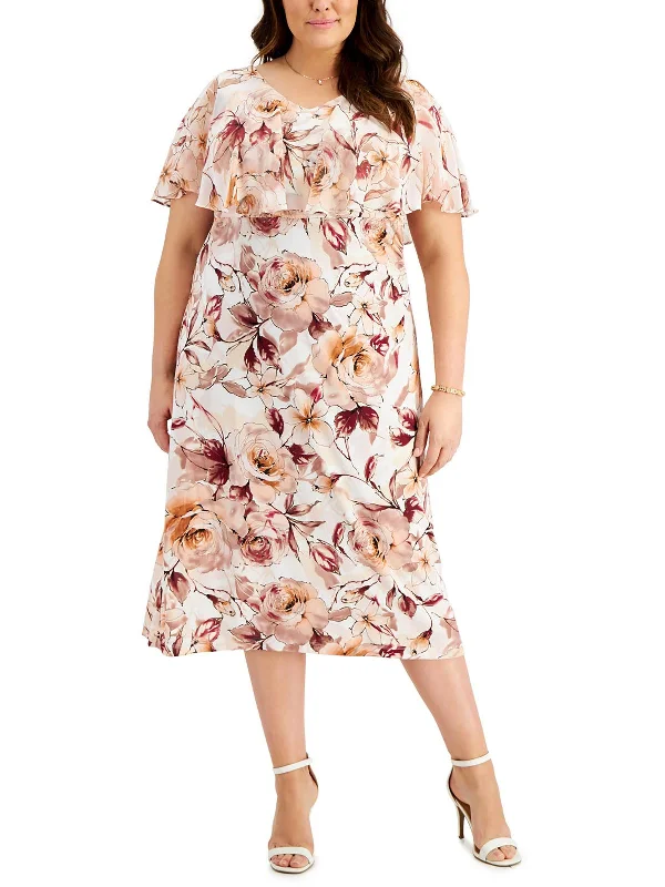 Women's U-Shaped-Neck DressesWomens Floral Chiffon Midi Dress