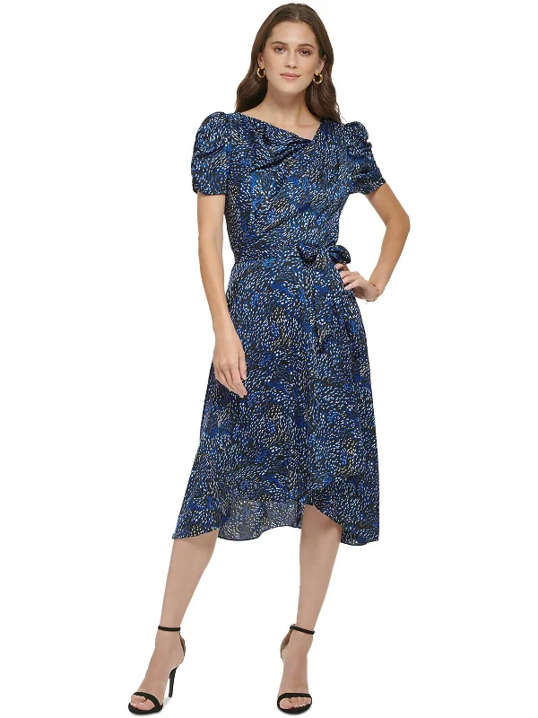 Women's Flared DressesWomens Printed Puff Sleeve Midi Dress