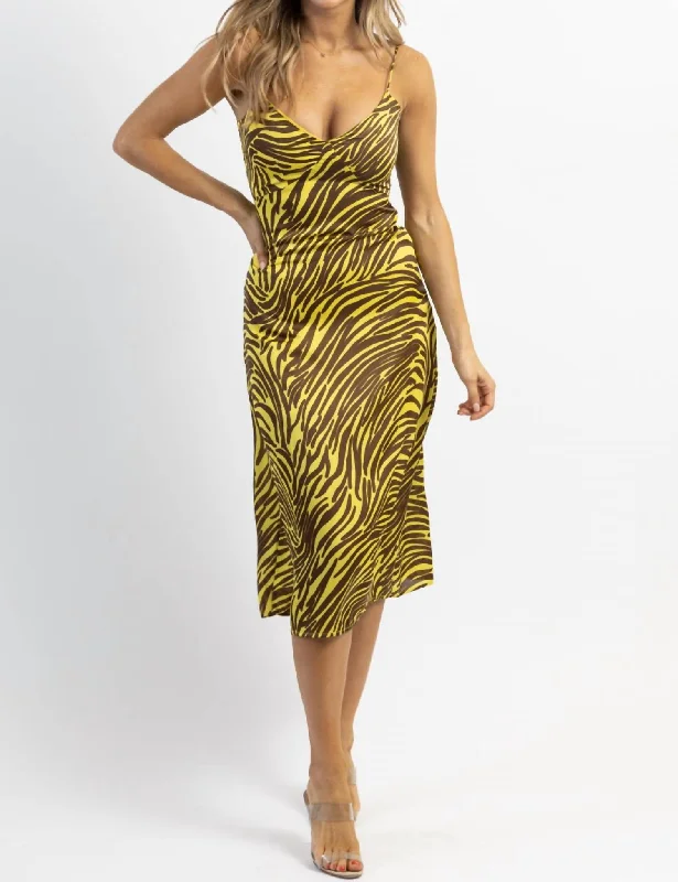 Women's Ruffled DressesZebra Satin Midi Dress In Lime + Brown