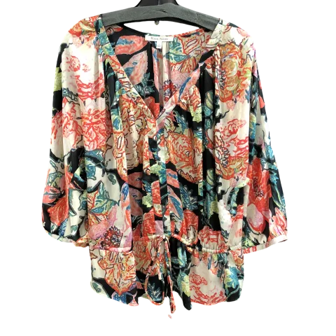 Women's Blouse with Collarless DesignTop 3/4 Sleeve By Black Rainn In Floral Print, Size: L