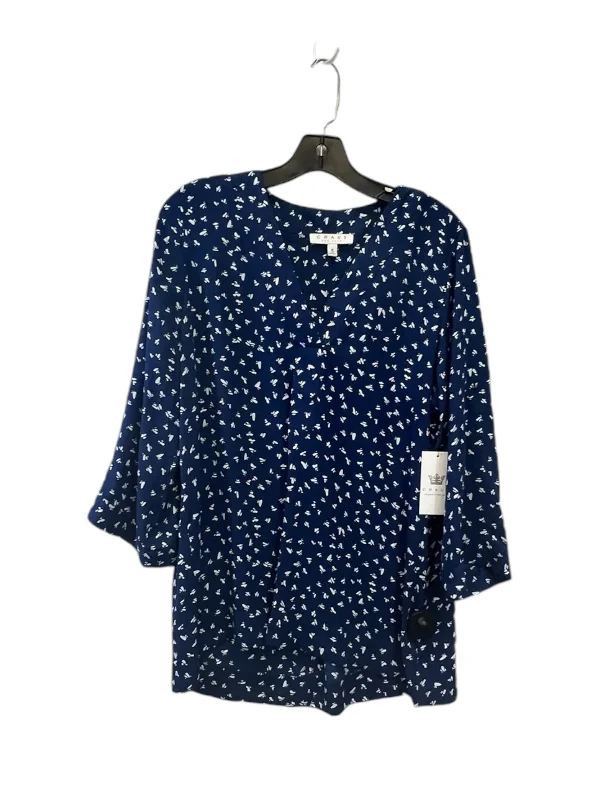 Women's Blouse with FrillsTop 3/4 Sleeve By Chaus In Blue & White, Size: M