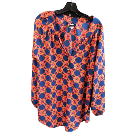 Women's Blouse with Mandarin CollarTop 3/4 Sleeve By Mudpie In Orange Blue, Size: L