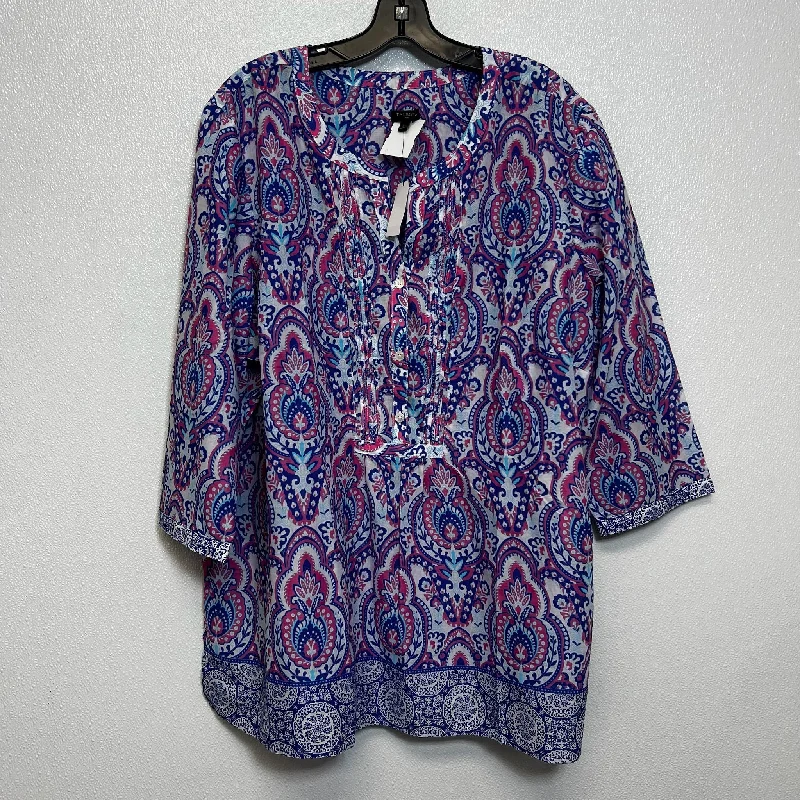 Women's Blouse with Lapel CollarTop 3/4 Sleeve By Talbots O In Print, Size: 3x