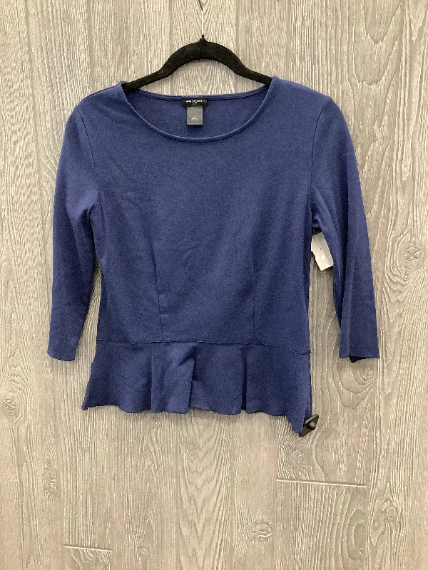 Women's Blouse with Rounded CollarTop Long Sleeve By Ann Taylor In Navy, Size: S