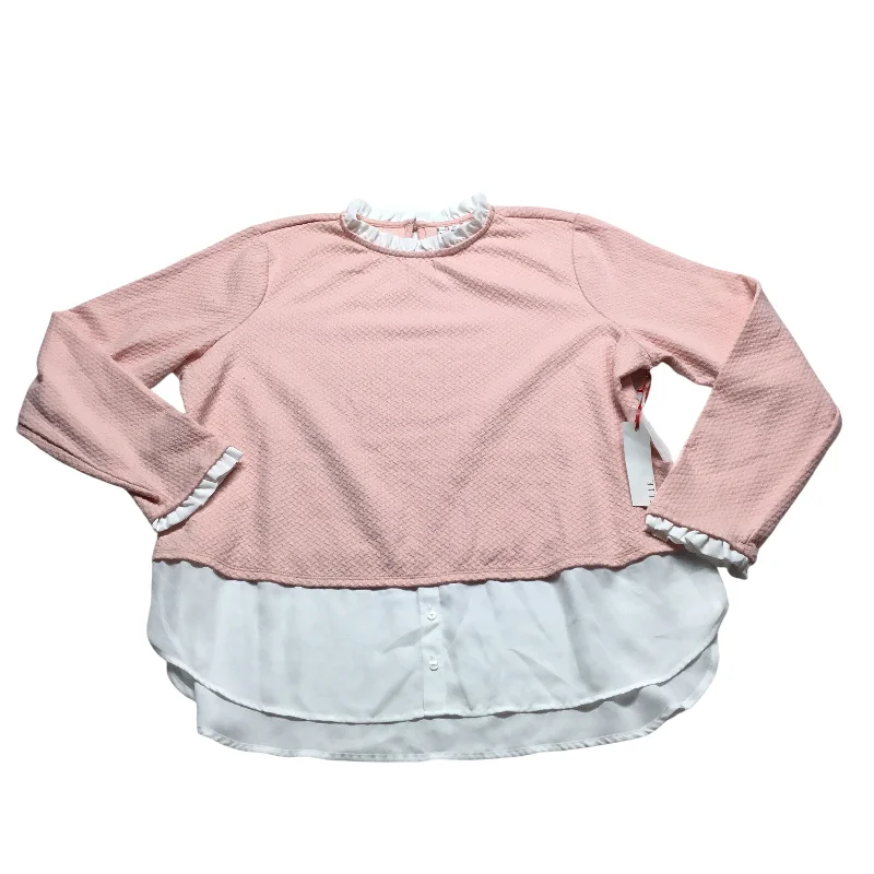 Women's Blouse with BeltTop Long Sleeve By Elle In Pink & White, Size: 2x