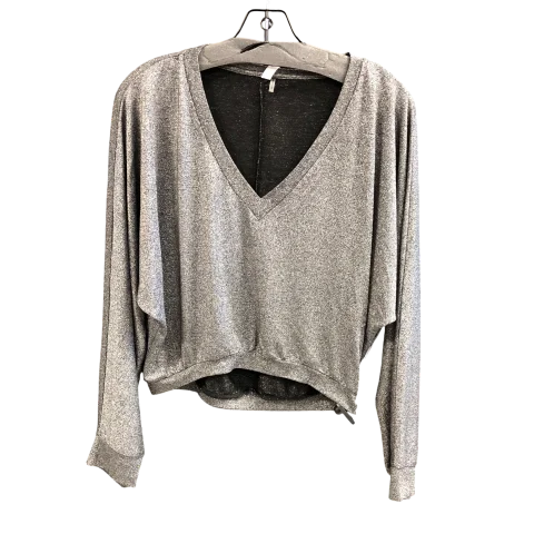 Women's Blouse with Notched CollarTop Long Sleeve By Glam In Silver, Size: L