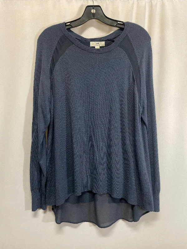 Women's Blouse with U-Shaped CollarTop Long Sleeve By Halston In Blue, Size: L