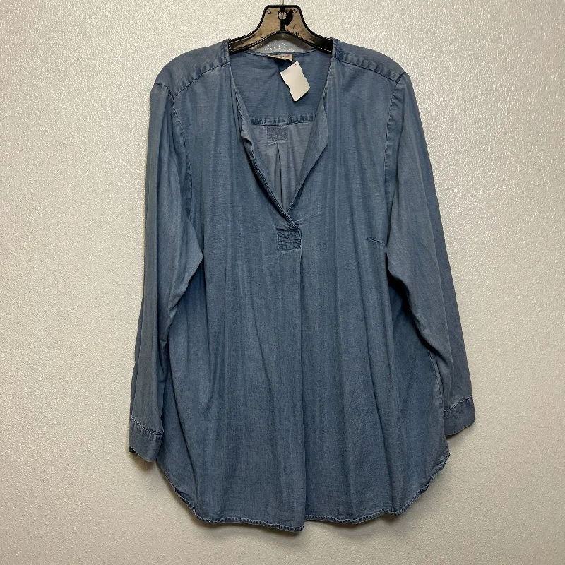 Women's Blouse with Collarless NeckTop Long Sleeve By J Jill O In Denim, Size: 2x