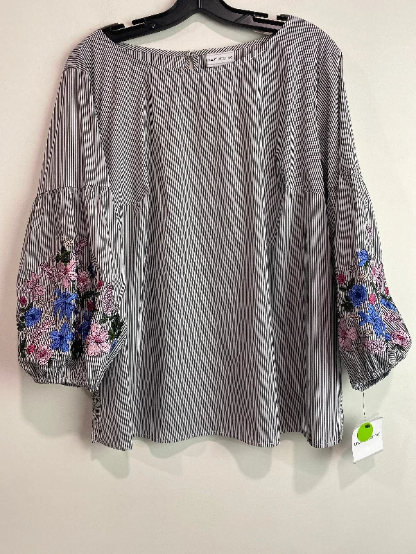 Women's Blouse with Narrow CollarTop Long Sleeve By Liz Claiborne In Grey & White, Size: Xl