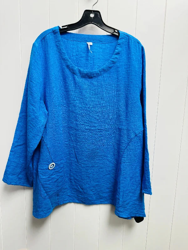 Women's Blouse with High CollarTop Long Sleeve By lulu b - In Blue, Size: L