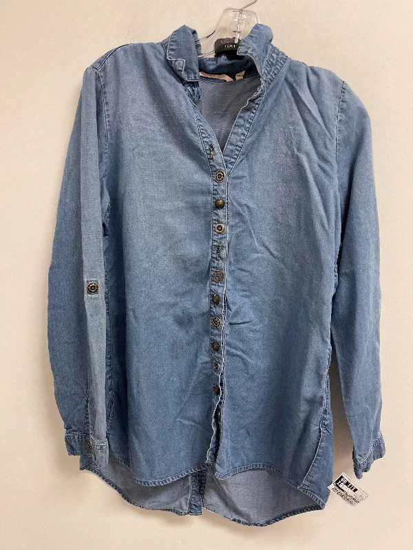 Women's Blouse with Boat CollarTop Long Sleeve By Soft Surroundings In Blue Denim, Size: S